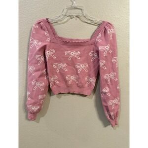 Willow & Wind Bow Print Sweater Women XS Pink Excellent Square Neck Crop Top